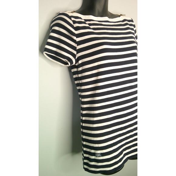 Lauren Ralph Lauren Blue & White Striped Short Sleeve Shirt w/Zippers Sz Medium - Picture 2 of 8